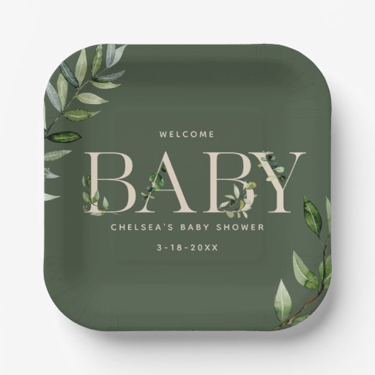 Eucalyptus Lettering Groen neutraal Baby shower Papieren Bordje (Voorkant)