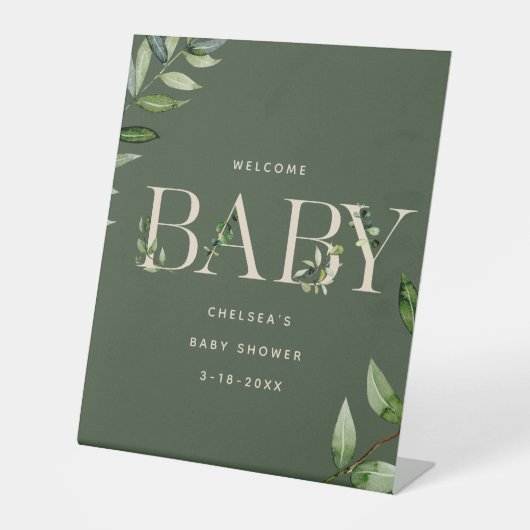 Eucalyptus Lettering Neutraal Baby shower Welkom Reclamebord Met Voetstuk (Voorkant)