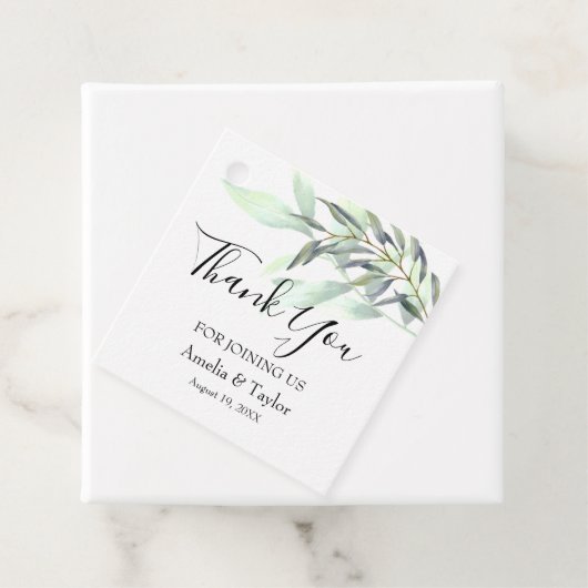 Eucalyptus lichtgroen gebladerte vierkant bedankjes labels (In situ)