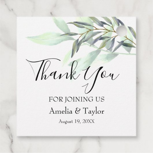 Eucalyptus lichtgroen gebladerte vierkant bedankjes labels (Achterkant)