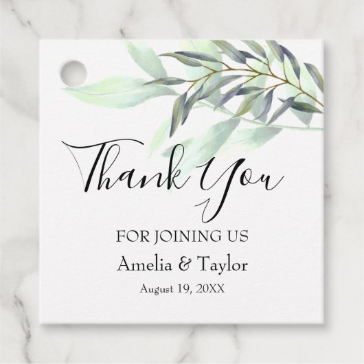 Eucalyptus lichtgroen gebladerte vierkant bedankjes labels (Voorkant)