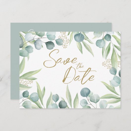 Eucalyptus Light Waterverf Sage Save the Date Inv Uitnodiging Briefkaart (Voorkant / Achterkant)