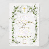 Eucalyptus Lijst Gouden Kruis Doop Foto Folie Uitnodiging (Voorkant)