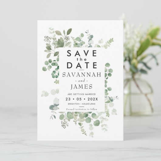 Eucalyptus Lijst Greenery Wedding Save the Date Kaart (Staand voorkant)