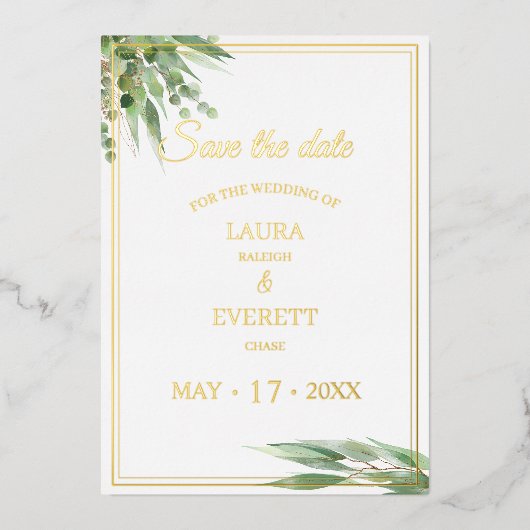 Eucalyptus Lijst Groen Goud Bladgroen Sla de datum Folie Uitnodiging (Voorkant)