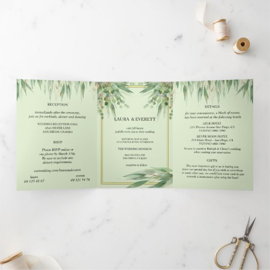 Eucalyptus Lijst Groen Goud Bladgroen Waterverf Drieluik Uitnodiging (Binnen)