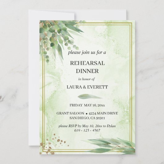 Eucalyptus Lijst Groen Goud Bladgroen Waterverf Kaart (Voorkant)