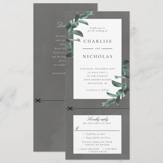 Eucalyptus-lijst op grijze trouwuitnodiging met rs kaart (Voorkant / Achterkant)