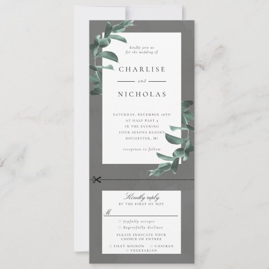 Eucalyptus-lijst op grijze trouwuitnodiging met rs kaart (Voorkant)