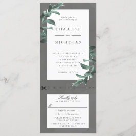 Eucalyptus-lijst op grijze trouwuitnodiging met rs kaart