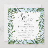 Eucalyptus Lijst Soft Blue Waterverf Weddenschap Save The Date (Voorkant)