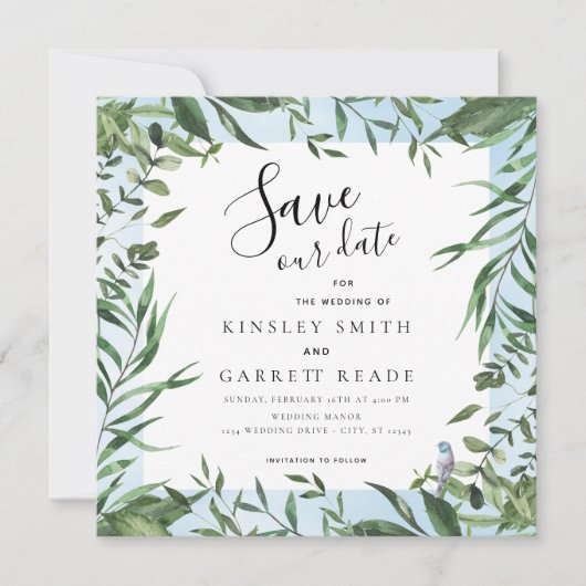 Eucalyptus Lijst Soft Blue Waterverf Weddenschap Save The Date (Voorkant)