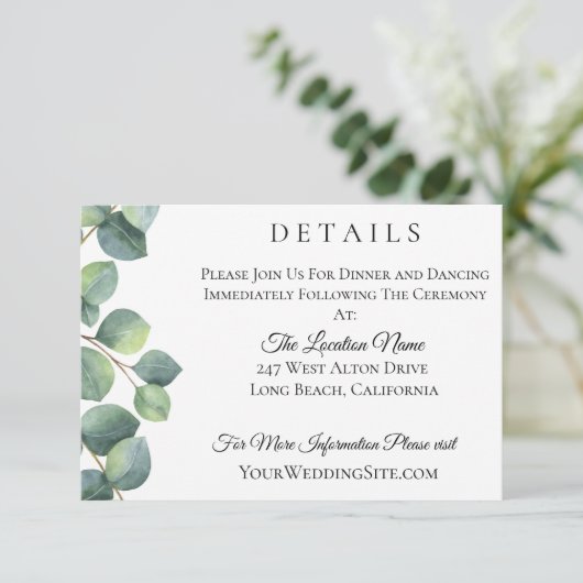 Eucalyptus Loof Bruiloft Details Informatiekaartje (Staand voorkant)
