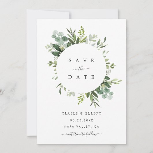 Eucalyptus Loof Cirkel Frame Bewaar de Datum Kaart (Voorkant)