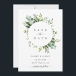 Eucalyptus Loof Cirkel Frame Save the Date Kaart<br><div class="desc">Deze trouwkaart 'save the date' uitnodiging bevat geschilderde aquarel eucalyptus groen,  groene bladeren en een cirkelvormig frame. Voor meer geavanceerde aanpassingen van dit ontwerp klikt u op de "Verder aanpassen" link.  Overeenkomstige items zijn ook beschikbaar.</div>