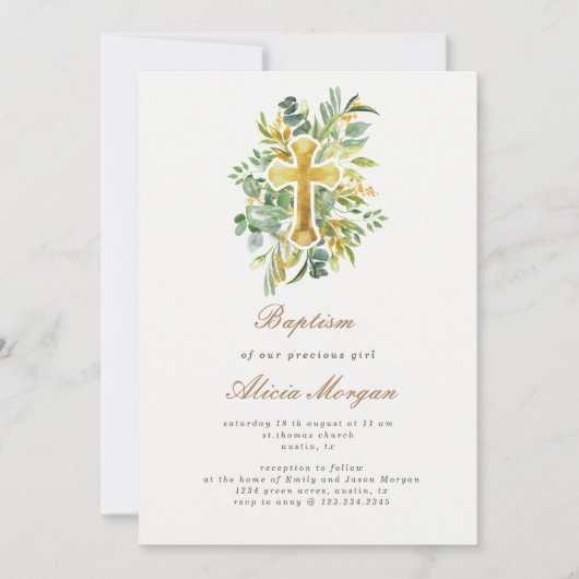 Eucalyptus loof gouden kruis doop uitnodiging (Voorkant)