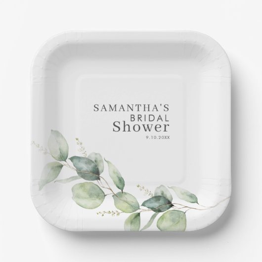 Eucalyptus Loof Groene Bruiloftsborrel Papieren Bordje (Voorkant)