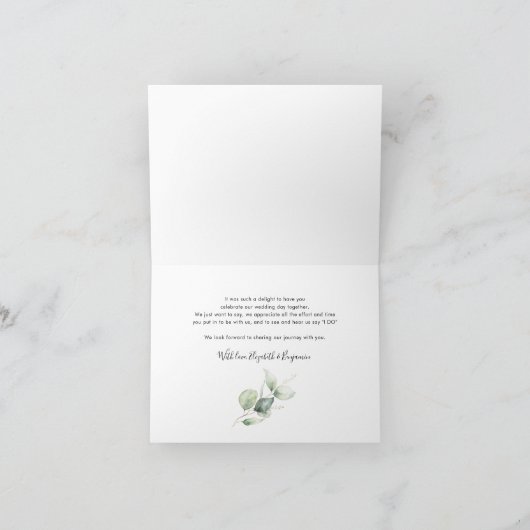 Eucalyptus loof met de hand-beletterde bruiloft bedankkaart (Binnen)