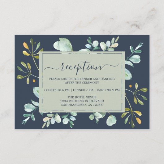 Eucalyptus Loof Navy Blauw Botanisch Bruiloft Informatiekaartje (Voorkant)