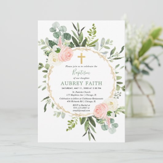 Eucalyptus loof roze elegant meisje doop kaart (Staand voorkant)