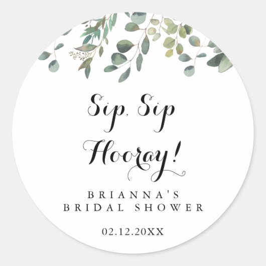 Eucalyptus Loof Sip Sip Hooray Bruiloft Feestje Ronde Sticker (Voorkant)