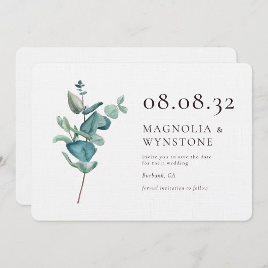Eucalyptus Luxury Linen Wedding Save The Date (Voorkant / Achterkant)