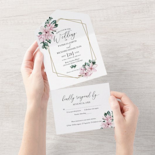 Eucalyptus Magnolia Floral Geometric Wedding All In One Uitnodiging (Afscheurbaar)