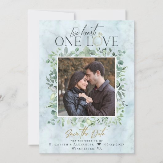 Eucalyptus Marble Photo Weddenschap Save the Date (Voorkant)