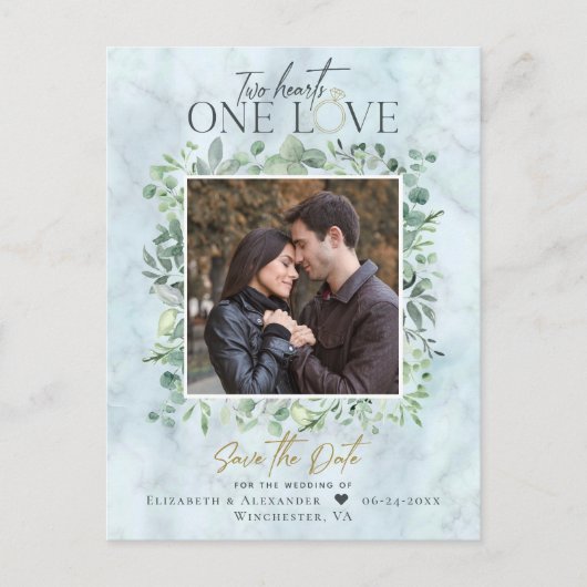 Eucalyptus Marble Photo Weddenschap Save the Date Aankondigingskaart (Voorkant)