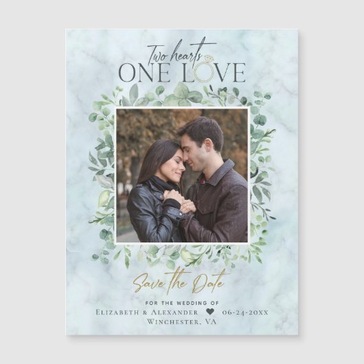 Eucalyptus Marble Photo Weddenschap Save the Date Magnetische Uitnodiging (Voorkant)