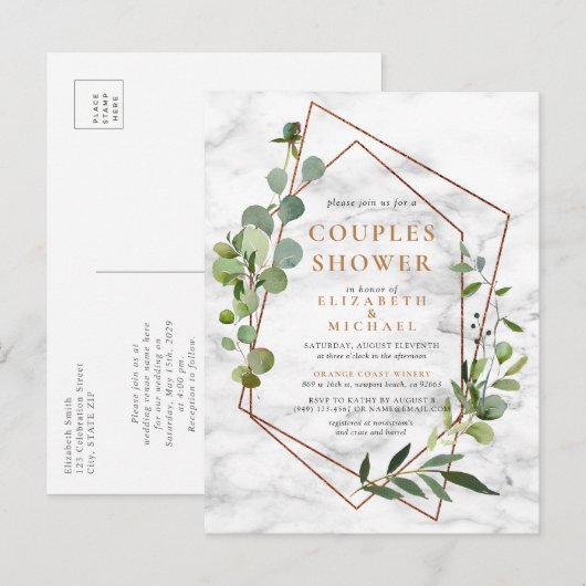 Eucalyptus-marmer met koperen geometrische eucalyp aankondigingskaart (Voorkant / Achterkant)