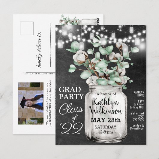 Eucalyptus Mason Jar Afstuderen 3 Fotouitnodiging Briefkaart (Voorkant / Achterkant)