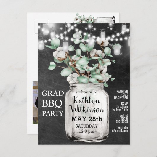 Eucalyptus Mason Jar Afstuderen Fotouitnodiging Briefkaart (Voorkant / Achterkant)