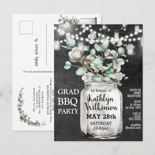Eucalyptus Mason Jar Graduation Party Invitation Briefkaart (Voorkant / Achterkant)