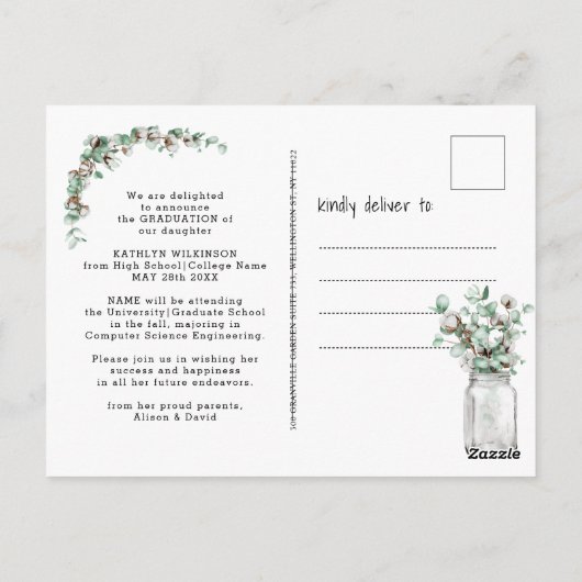 Eucalyptus Mason Jar Graduation Party Invitation Briefkaart (Achterkant)