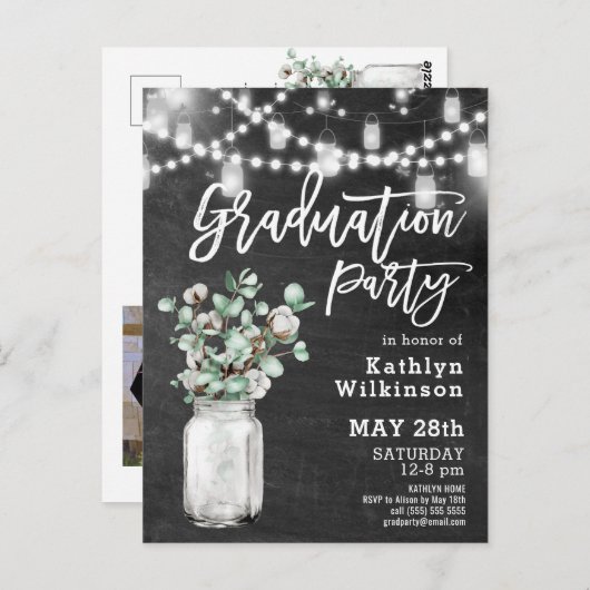 Eucalyptus Mason Jar Photo Afstuderen Invitation Briefkaart (Voorkant / Achterkant)