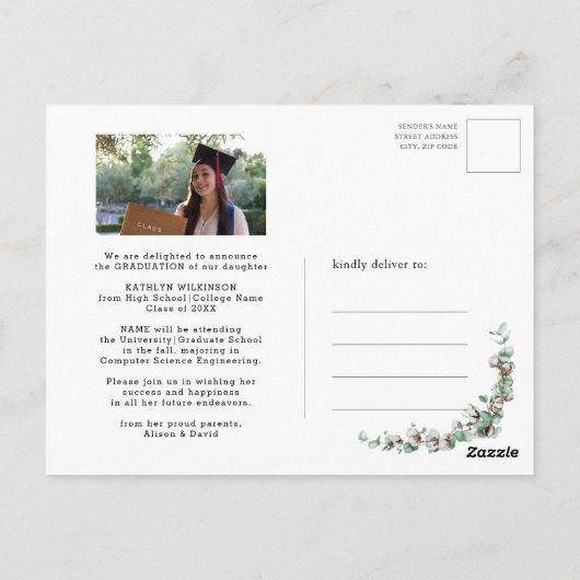 Eucalyptus Mason Jar Photo Afstuderen Invitation Briefkaart (Achterkant)