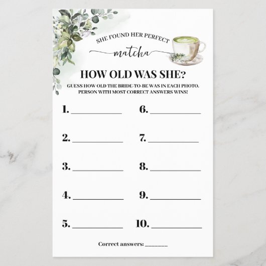 Eucalyptus Matcha How old was She Shower Game Card Flyer (Voorkant)