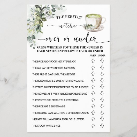 Eucalyptus Matcha Over of Under Bruiloftsspelkaart Flyer (Voorkant)