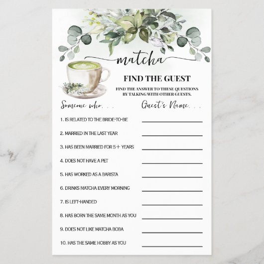 Eucalyptus Matcha Vind de Gast Shower Spelkaart Flyer (Voorkant)