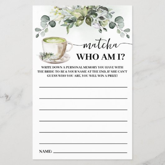 Eucalyptus Matcha Who am I Bridal Shower Game Card Flyer (Voorkant)