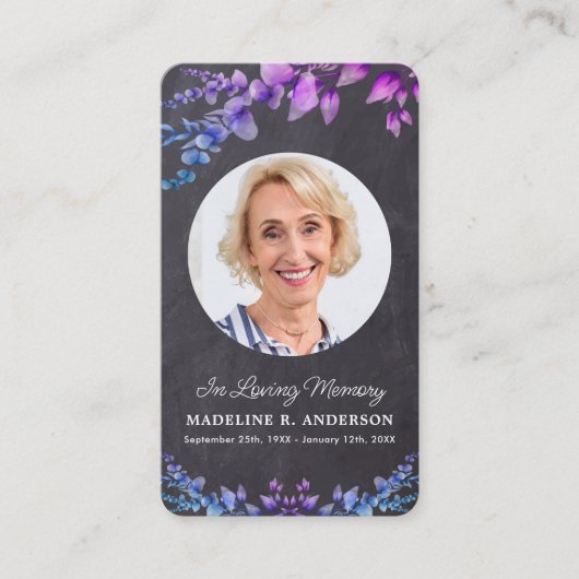 Eucalyptus Memorial Foto Funeral Prayer Kaart Purp Contactkaartje (Voorkant)