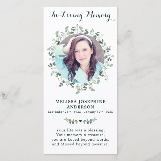 Eucalyptus Memorial Prayer Kaart Funeral Bladwijze (Voorkant)