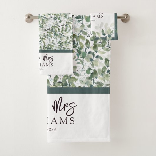 Eucalyptus met de hand gemerkt Mr. & Mrs. Monogram Bad Handdoek (Insitu)