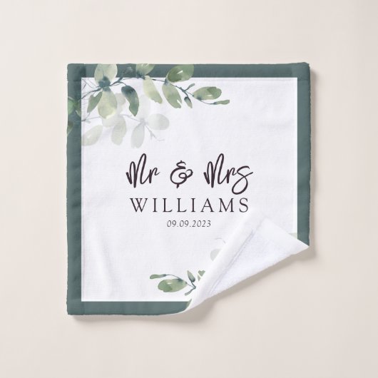 Eucalyptus met de hand gemerkt Mr. & Mrs. Monogram Bad Handdoek (Wasdoekje)