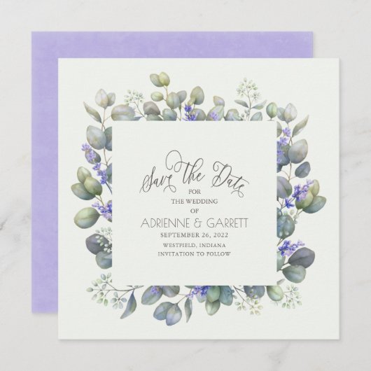 Eucalyptus met lavender Flowers Square Weddenschap Save The Date (Voorkant / Achterkant)