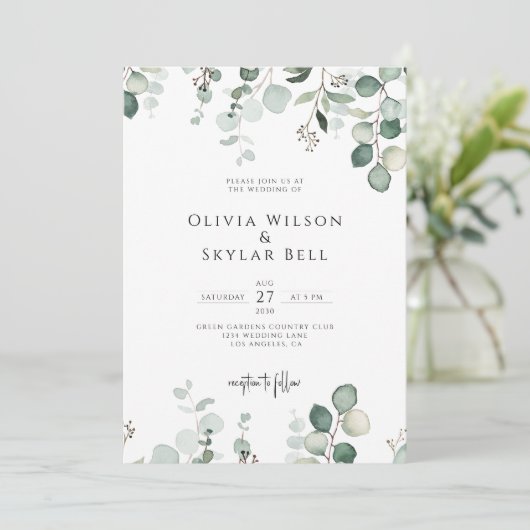 Eucalyptus Minimale botanische QR bij één bruiloft Kaart (Staand voorkant)