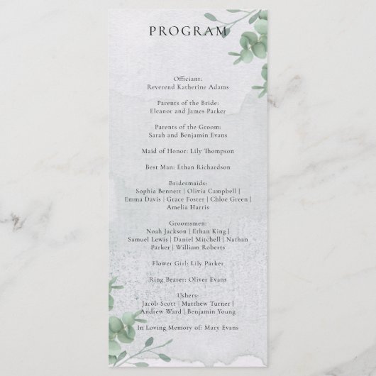 Eucalyptus minimale moderne programma bruiloft (Achterkant)