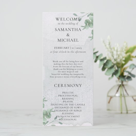 Eucalyptus minimale moderne programma bruiloft (Staand voorkant)
