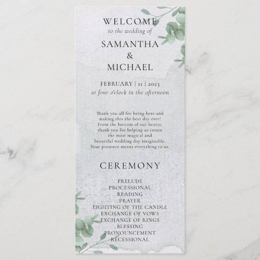 Eucalyptus minimale moderne programma bruiloft (Voorkant)